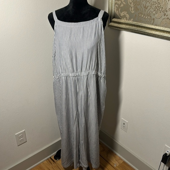 Square neck blue white stripe elastic waist crop wide leg jumpsuit Sz XXL - Picture 1 of 6